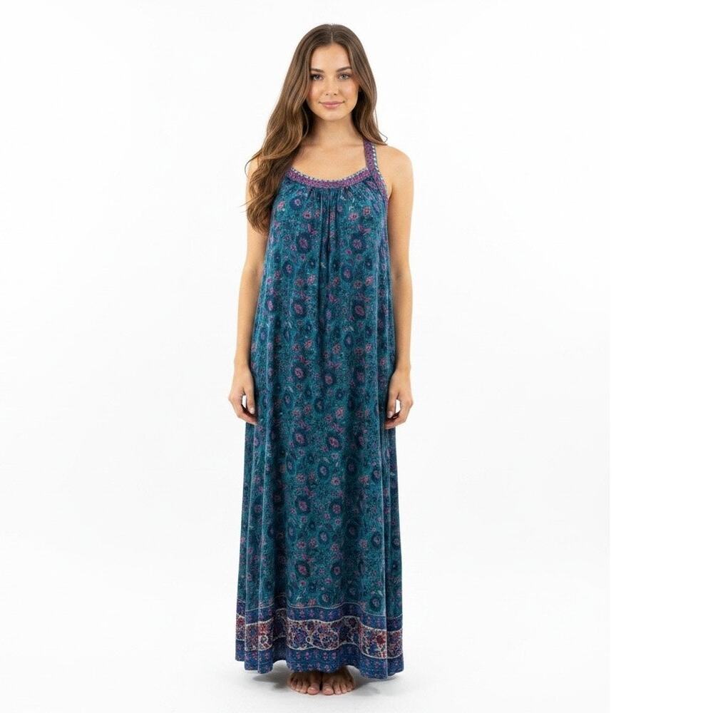 Lucky Brand Boho Paisley Halter Maxi Dress Blue Pink XS Indie Resort Vacation